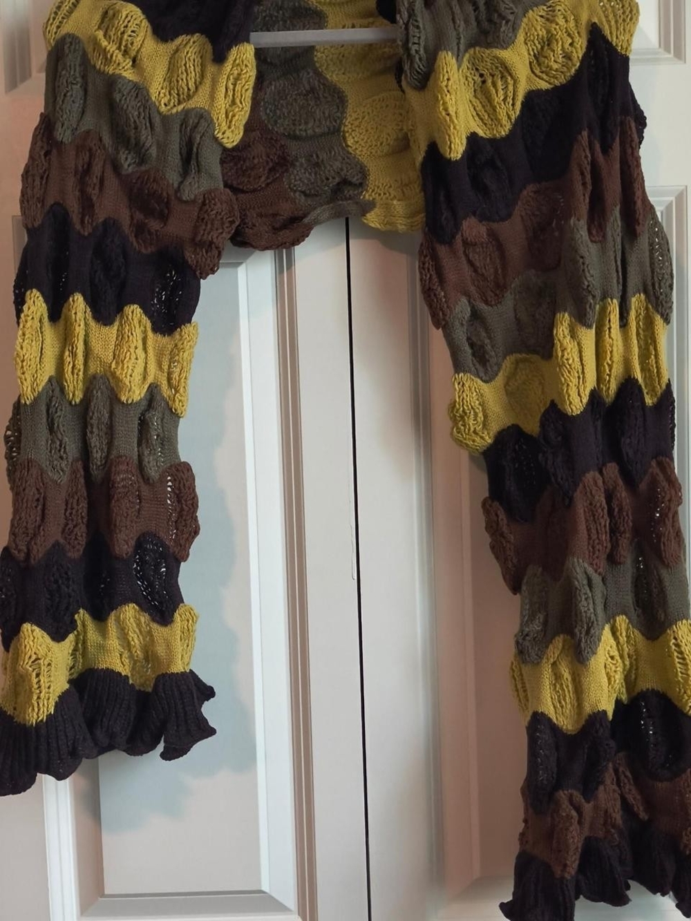 Handmade Chevron Knit Scarf in Mustard, Olive, Brown, and Black